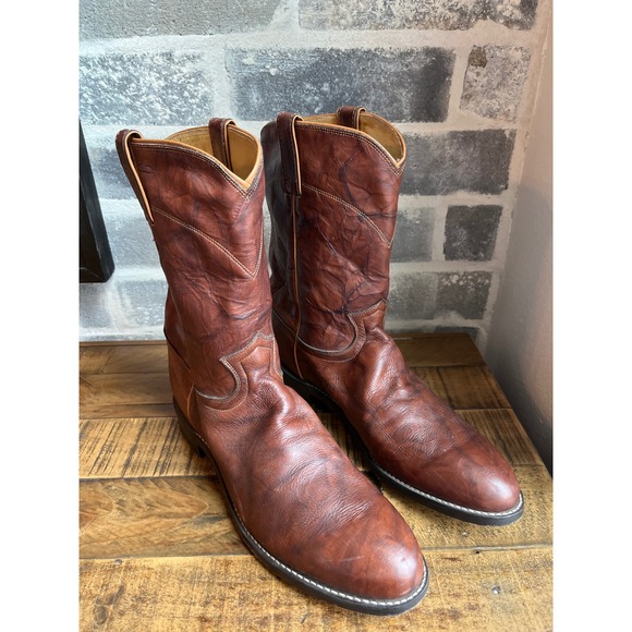 Justin Boots 3163 Men's 12 B Brown Marbled Leather Pull On Ropers Western Ride - Picture 1 of 8